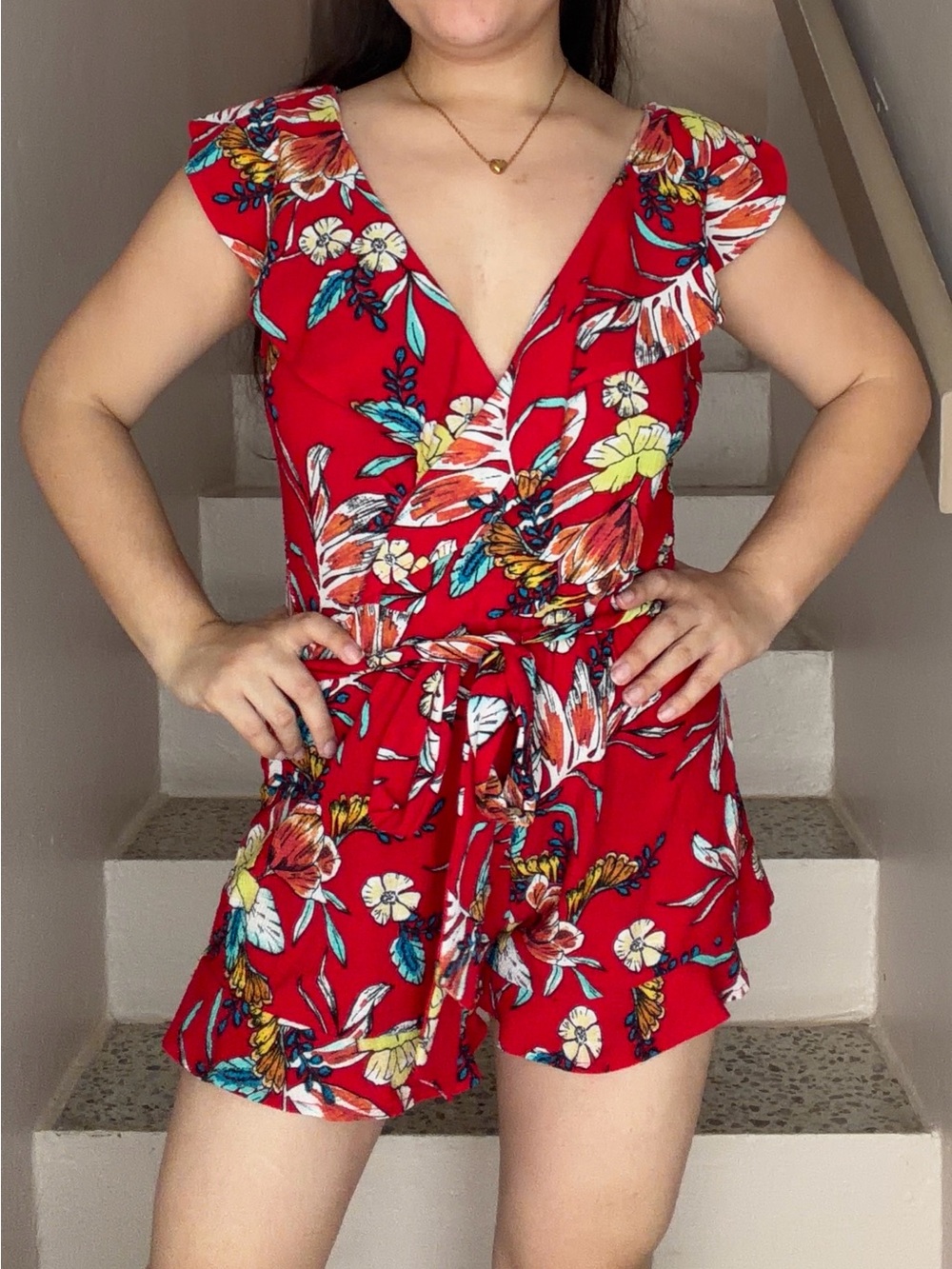 Love Tree Red Floral V-Neck One-Piece Romper